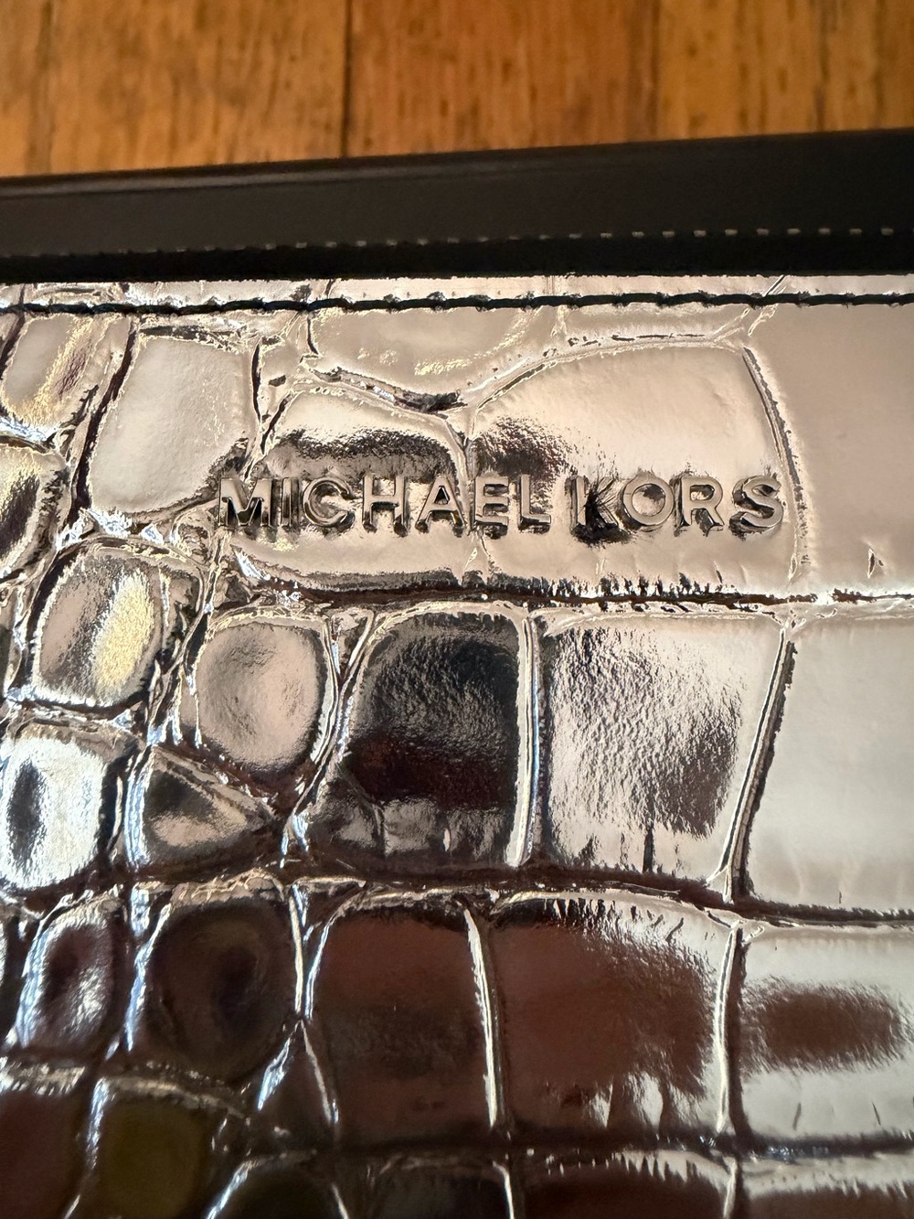 Michael Kors Hudson Metallic Crocodile Embossed Leather Zip-Around Wallet - Picture 3 of 14